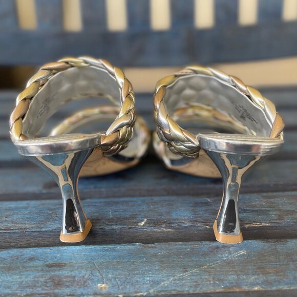 Marc Fisher Toree Women’s Braided Metallic Heeled Sandals 9.5 Silver Square Toe - Picture 4 of 10